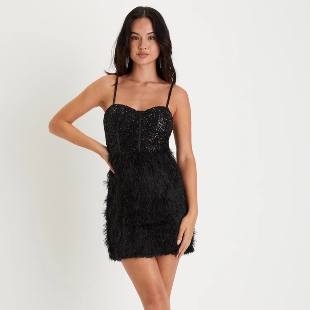 Lulus Fabulous Entrance Black Sequin Feather Bustier Mini Dress Size M